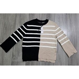 Saukole Women's Sweater M Black‎ Beige Striped Colorblock Pullover Top NWT